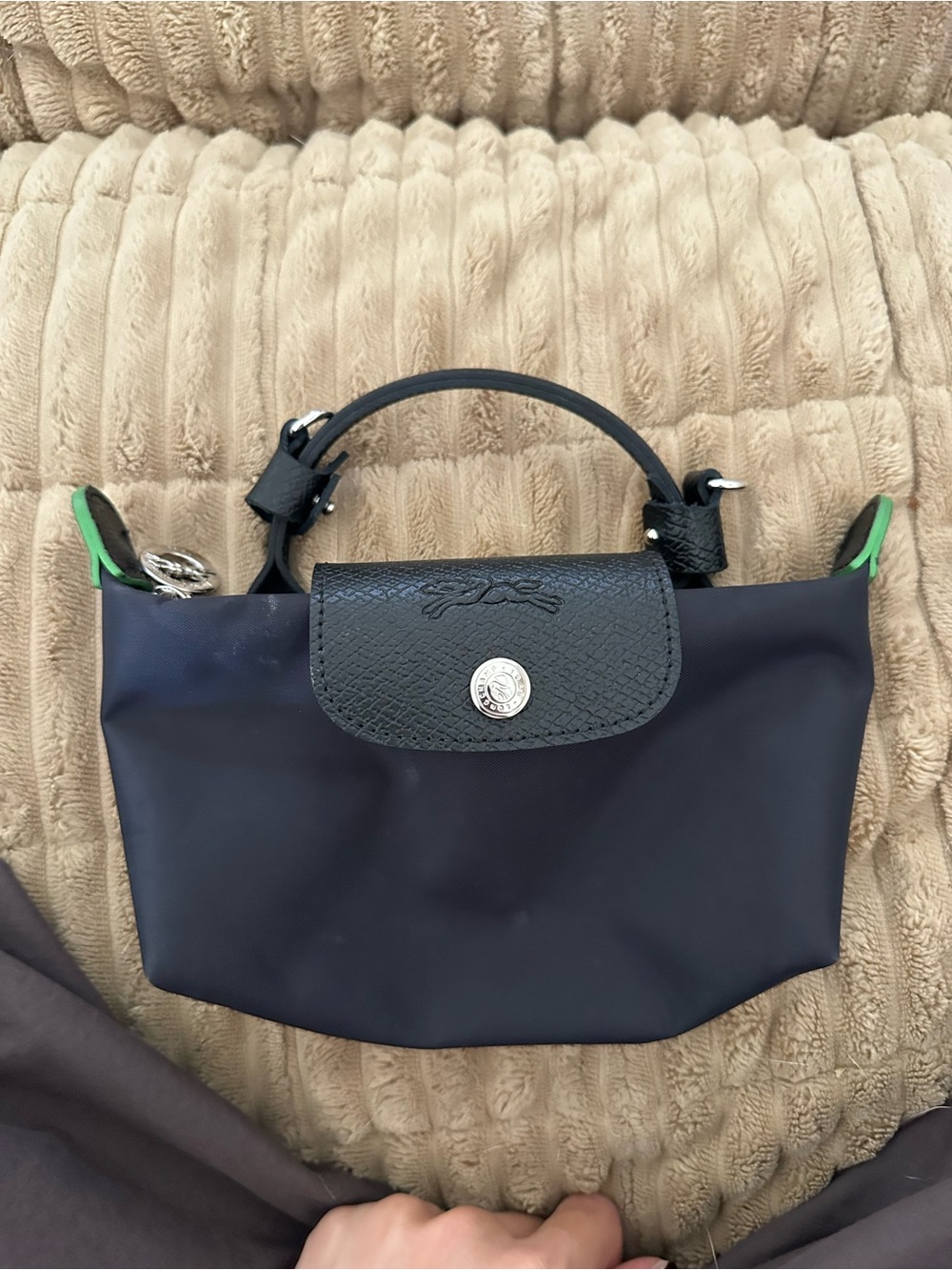 Longchamp Navy Mini Le Pliage Top-Handle Bag with Black Trim
